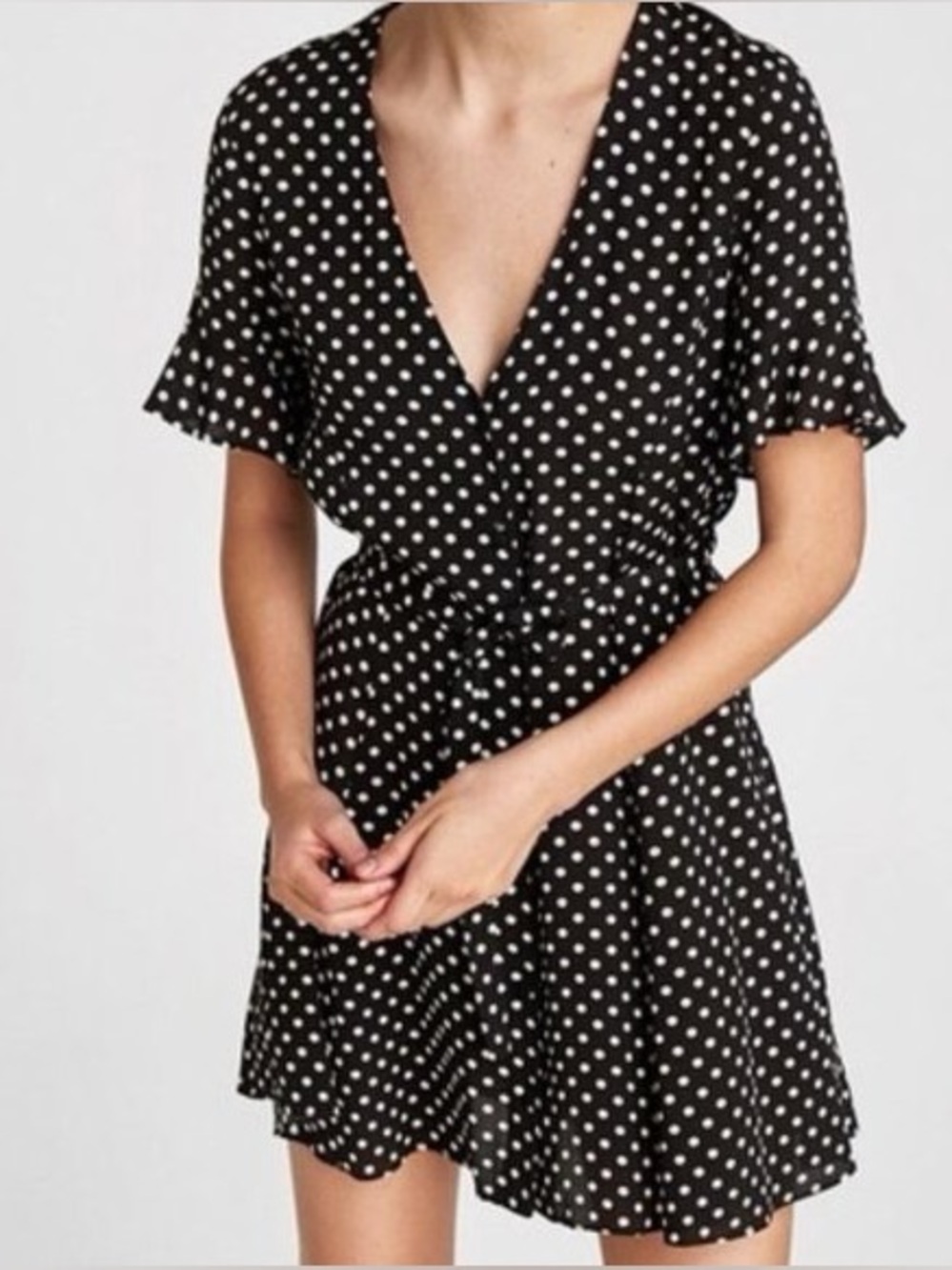ZARA Black Polka Dot Mini Dress Size Small Ruffle Sleeve 90s Romantic